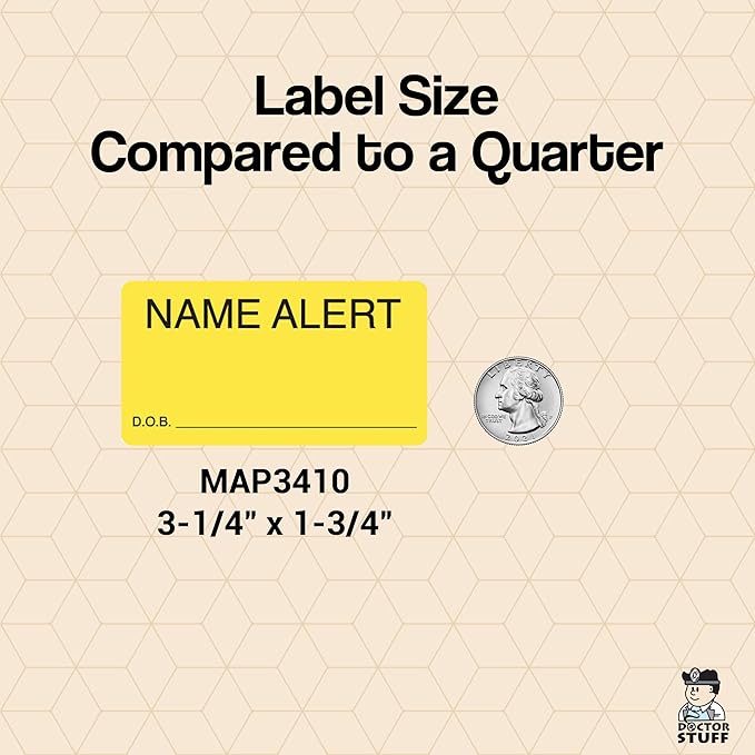Name Alert Chart Label with D.O.B. Field 3-1/4” x 1-3/4” Fluorescent Chartreuse Black Doctor Stuff 250 Stickers/Roll for Patient Safety and Chart Identification