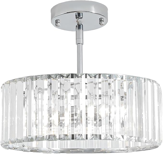 3-Light Modern Crystal Chandelier for Dining Room,Small Gold Semi Flush Mount Ceiling Light Fixtures,12'' Round Kitchen Hallway Pendant Lighting Fixture, for Entryway Foyer Laundry Room