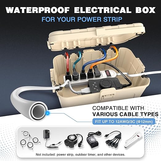 Flemoon Outdoor Electrical Box Waterproof, IP54 Waterproof Extension Cord Cover, Protect Outlet, Plug, Socket, Timer, Power Strip, Holiday Light, Large Weatherproof Connection Box, Almond