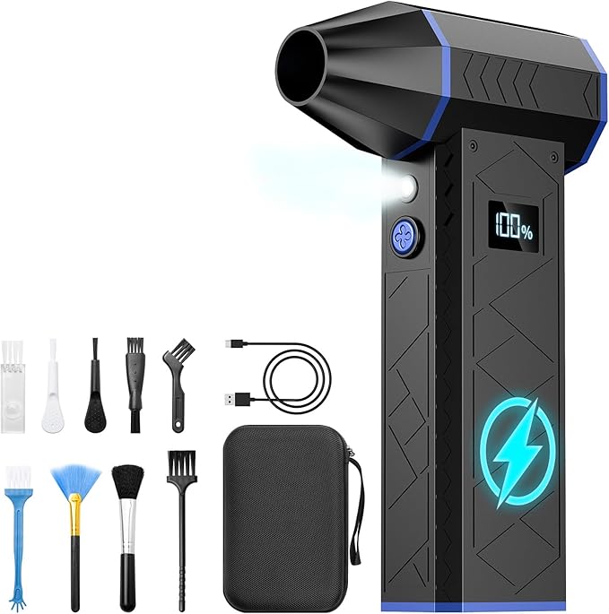 Compressed Air Can for Computers, 130000RPM Compressed Air Duster PC Blower Keyboard Cleaning Kit with LED Display & Light 4 Gear Adjustable Computer Cleaner Car Duster