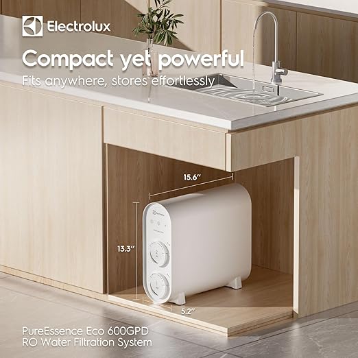 Electrolux PureEssence Eco Tankless Reverse Osmosis Water Filter, 600GPD 9-Stage RO Water Filtration System, 3:1 Pure to Drain, NSF/ANSI 42/58/372 Certified, Reduce TDS/Fluoride, Smart LED Faucet