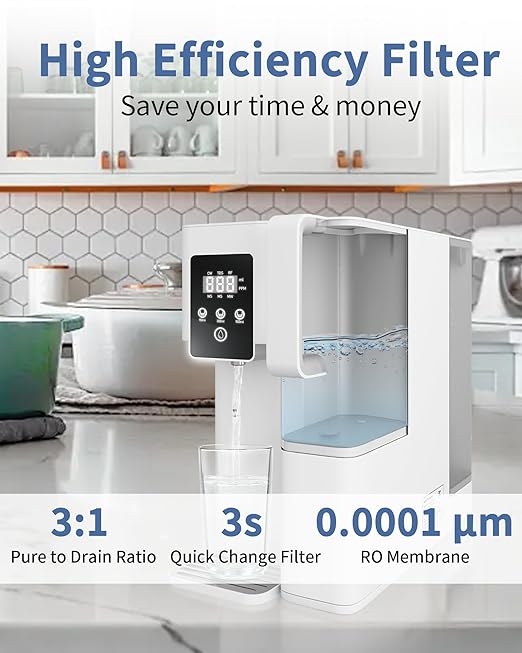 Reverse Osmosis System Countertop, Portable 5 in 1 RO Water Filtration System, 3:1 Pure to Drain Ratio Purifier, TDS & Filter Monitor, Water Filter for Home, Office, RV White