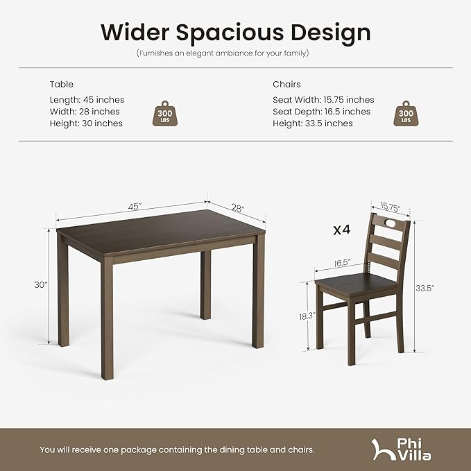 PHI VILLA Dining Table Set for 4, Classic Farmhouse Kitchen Table with 4 Chairs with Built-in Handle, Solid Wood Rectangle Dinner Table Set, Dark Walnut