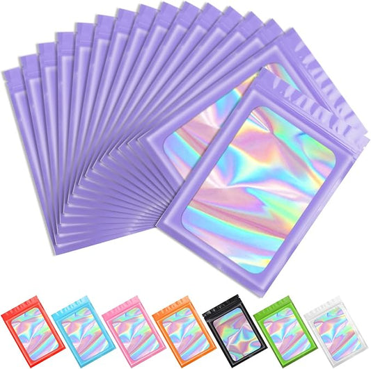 Funfery 100 pcs Purple Smell Proof Mylar Holographic Bags Packaging Bags,Clear Seal Resealable Odor Proof Bag Foil Pouch Zipper Bag for Food Storage,Lipgloss,Jewelry,EyeLash Packing(3.5x6.3In)