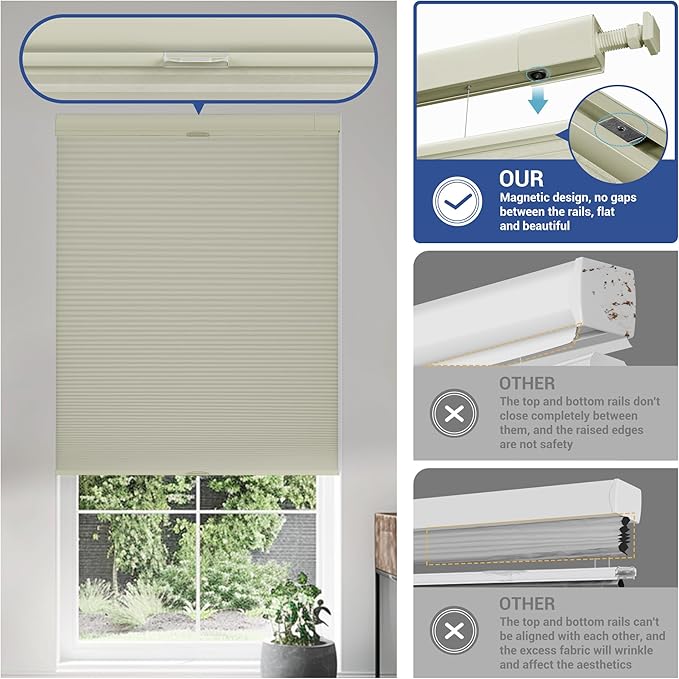 No Drill No Tools Cellular Shades Top Down Bottom Up Blackout Blinds for Windows Cordless Honeycomb Window Shades Easy to Install for Home, Blackout-Beige, Customized Size