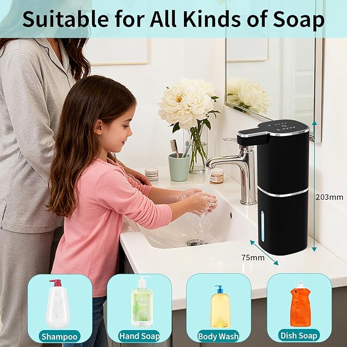Automatic Soap Dispenser Touchless, Wall Mounted Smart Soap Dispenser, USB Rechargeable, 4 Adjustable Levels, 14.2oz / 420ml Large Capacity, for Bathroom, Kitchen, School (Black, Foaming)