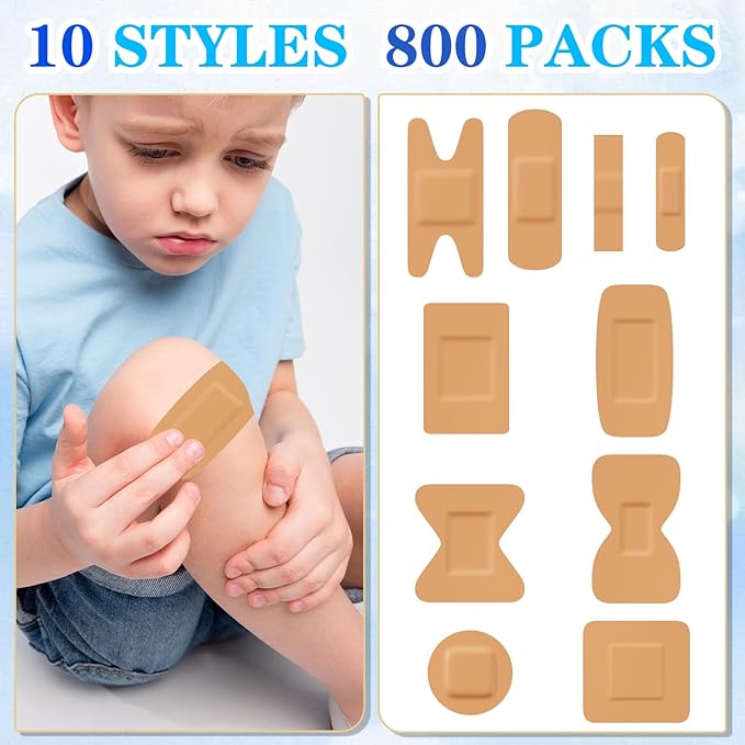 Assorted Bandage Variety Pack (800 Pcs), Waterproof & Breathable Large Adhesive Bandage Bulk Pack for First Aid Supplies and Wound Protection (10 Styles)