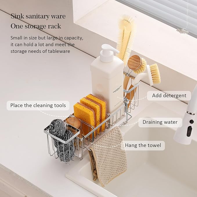 Silver Sponge Holder for Kitchen Sink, Sink Caddy Organizer with High Brush Holder, Kitchen Countertop Organizers and Storage Essentials, Rustproof 304 Stainless Steel, Soap Dispenser Organize