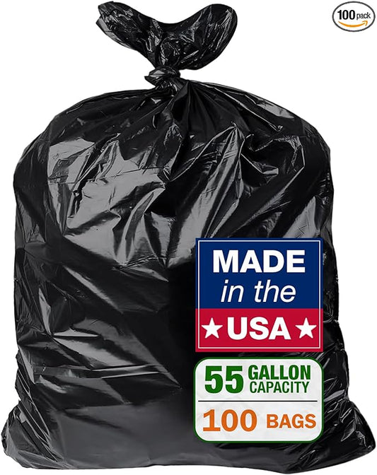 100 Count 55-60 Gallon Trash Bags, Sturdy & Tear-Resistant Commercial Can Liners | Large Black Garbage Bags for Commercial, Lawn & Leaf Use | Made in the USA