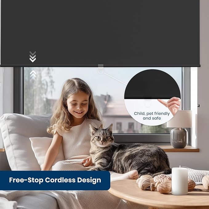 100% Blackout Roller Shades Cordless Blinds for Indoor Windows,Free-Stop Window Shades Pull Down,Thermal Insulated Fabric UV Protection,Blackout Window Guard Blinds for Home,Office,Black,30" W x 72" H