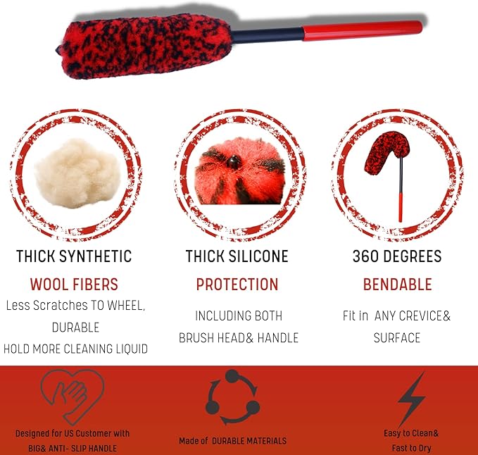 Wheel Brushes for Cleaning Wheels (4 Pro Pack)- 2X Soft Wheel Cleaning Woolies Brush, Detailing Brush and Stiff Tire Brush, Scratch Free Durable Car Wheel Rim Brush Kit for Car Rim and Tire Detailing