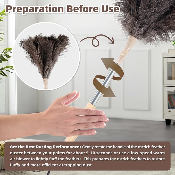 Ostrich Feather Dusters for Cleaning Kit - Reusable Soft Feather Duster Extendable to 49 inches for Cleaning Ceiling Fan, High Ceiling, Blinds & Retractable Small Duster for Keyboard, Brick Toy, Car