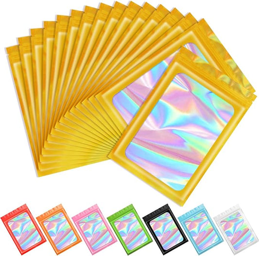Funfery 100 pcs Gold Mylar Holographic Resealable Bags,Clear Packaging Bag Odor Proof Foil Pouch Bag for Food Storage, Lipgloss, Jewelry, Eyelash Packaging for Small Business - 6.3 x 9.4 Inch