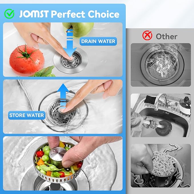 3-in-1 Stainless Steel Kitchen Gadget, JOMST Kitchen Sink Drain Strainer – Fast Drain, Water-Saving Stopper & Odor Blocker, 10,000 Pop-Up Tested, Fits Standard 3½″ Sink Drains