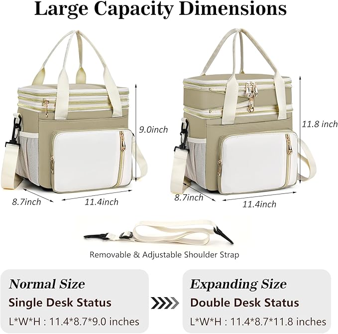 LOKASS Expandable Lunch Box for Women | Adult Lunchbag Cooler Tote Bag with Adjustable Shoulder Strap | Insulated Reusable Womens Lunch Bags for Work Camping Beach | 16L, Beige