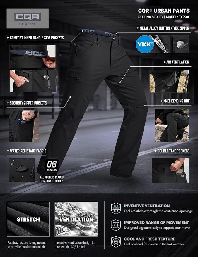 CQR Men's Vent Stretch Pants, Quick Dry Lightweight Casual Cargo Pants, Water Resistant Straight-Fit Utility Work Pants