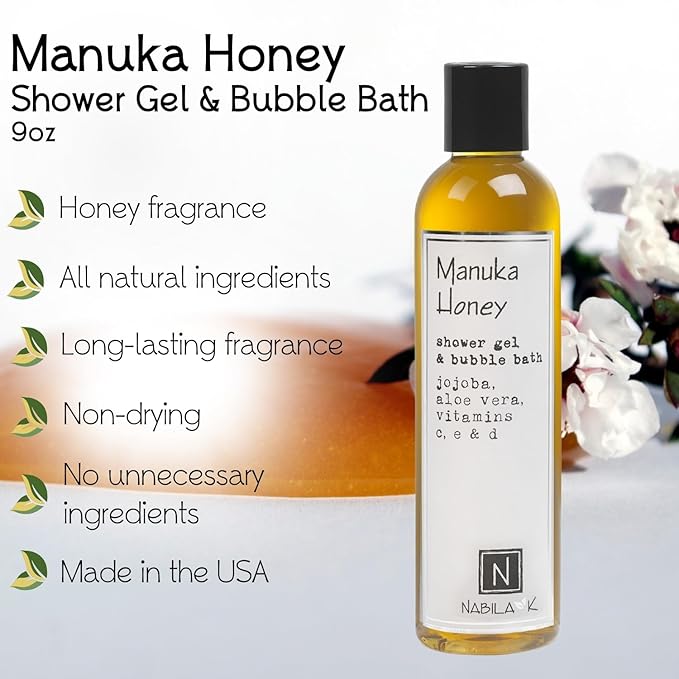 Nabila K Manuka Honey Shower Gel & Bubble Bath, 9 oz – Non-Drying Body Wash with Jojoba, Aloe Vera & Vitamins – Naturally-Derived, Sulfate-Free – Made in USA – For Men & Women