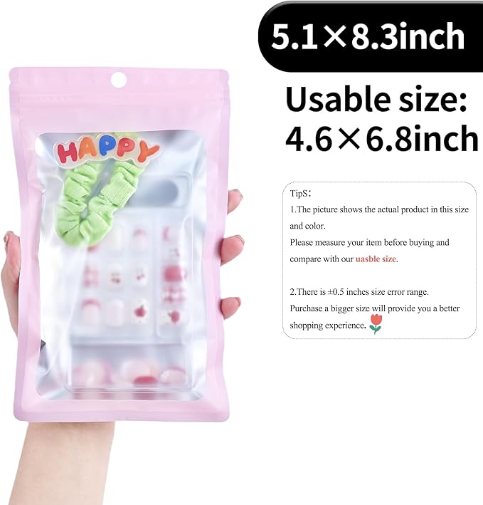 100 Pack Resealable Plastic Bags for Food Storage, Zipper Bags with Clear Front Window, Packaging Pouch for Small Business (Pink, 5.1x8.3 inch)