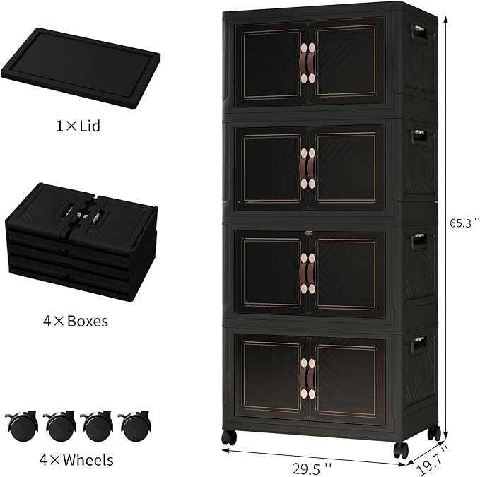 Storage Bins with Lids and Wheels, Collapsible Bathroom Storage Cabinet with Clear Doors, Plastic Stackable Closet Organizers and Storage Containers Black 628 QT
