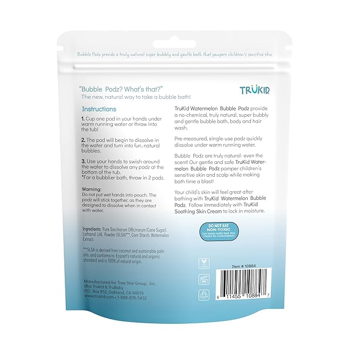 TruKid Bubble Podz Bubble Bath for Kids, Toddlers, & Babies, Tear Free Gentle & Refreshing Bath Bomb for Sensitive Skin with Natural Moisturizers, Non-Toxic, pH Balanced, Watermelon Scent (24 Podz)