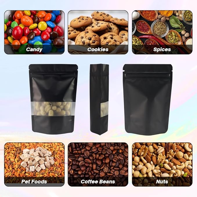 Black Smell Proof Packaging Bags,Mylar Clear Bags for Food Storage,Sealable Bag for Packaging,Stand Up Pouches with Window,ReSealable Bag for Small Business,Cookies,Candy