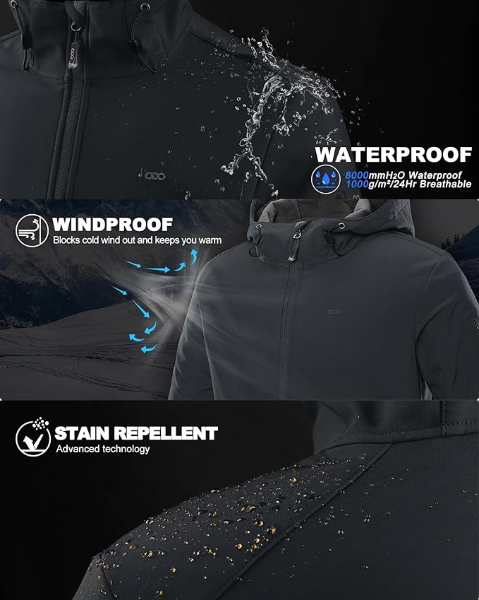 33,000ft Men's Hooded Softshell Jacket Waterproof Lightweight Insulated Windbreaker Fleece Lined Rain Shell Jacket
