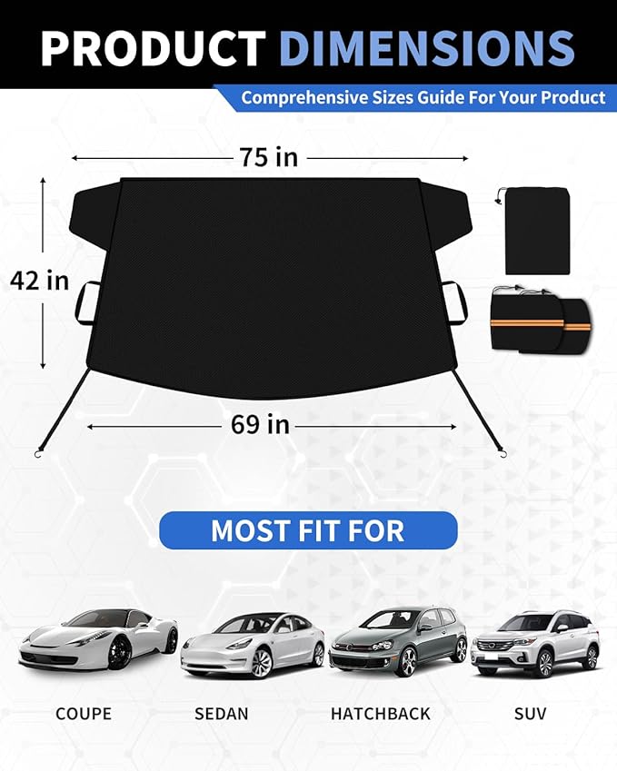 METOWARE Car Windshield Cover for Ice and Snow, Heavy Duty 600D Oxford Fabric Windshield Snow Cover, Waterproof Windshield Frost Cover with Side Mirror Cover for Most Cars, SUVs (69"x42")