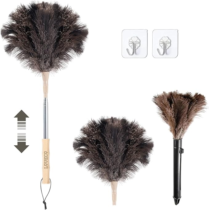 Ostrich Feather Dusters for Cleaning Kit - Reusable Soft Feather Duster Extendable to 49 inches for Cleaning Ceiling Fan, High Ceiling, Blinds & Retractable Small Duster for Keyboard, Brick Toy, Car