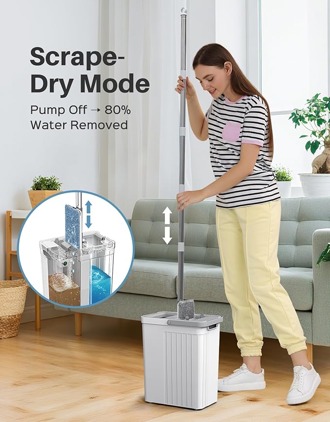 Mop and Bucket Set with AUTO Pump, 3-Zone Separate Dirty and Clean Water, Flat Mop and Bucket System with Wringer and Wheels, 4 Reusable Microfiber Pads, One-Touch Water Filling for Home Cleaning