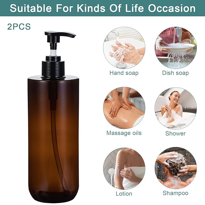 Yebeauty Shampoo Conditioner Body Wash Dispenser, 2 Pack 17oz Empty Bottle with Pump Clear-Amber Hand Soap Container Resuable Bathroom Countertop Soap Dispensers for Hand Dish Soap Kitchen Accessories