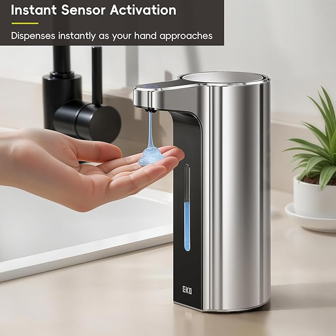 EKO Aroma Pro 13.5 fl oz Touchless Automatic Liquid Soap Dispenser, Rechargeable Hand & Dish Soap Dispenser for Bathroom and Kitchen Sink, Waterproof, Adjustable Volume Control (Chrome Metallic)