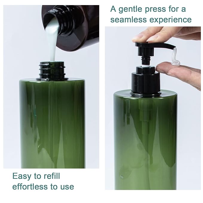 Yebeauty Pump Bottle, 2 Pack 17oz/500ml Modern Lotion Dispenser Stylish Shampoo Bottles Thick Shower Soap Dispenser Empty Shampoo Container for Body Wash Bathroom Kitchen Travel, Clear-Green