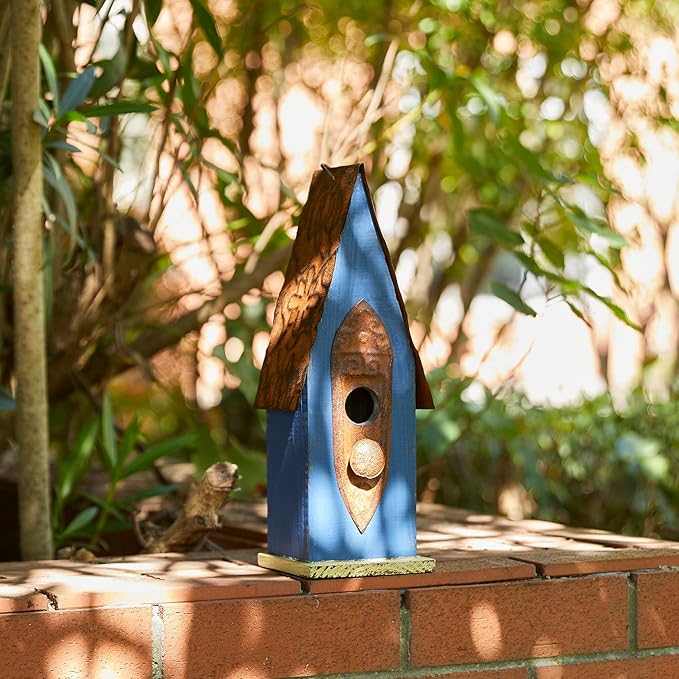 Glitzhome 13.25" H Retro Blue Distressed Solid Wood Birdhouse Hanging Garden Bird House for Outdoors