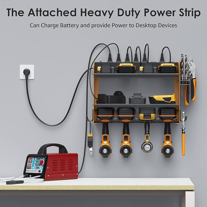 CCCEI Modular Power Tool Organizer Wall Mount with Charging Station. Garage Drill Storage Shelf with Hooks, Heavy Duty Rack, Tool Battery Holder Built in 8 Outlet. Gift for Men. Yellow.