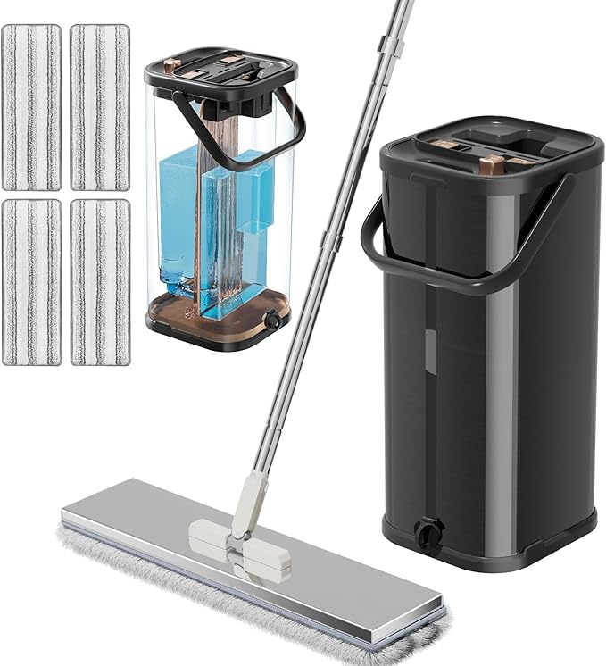 Separates Dirty Water Mop, Flat Mop and Bucket for Home with 4 Extra Refills, Stainless Steel Mop and Bucket with Wringer (Black)