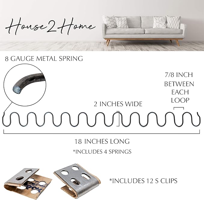 House2Home 18" Couch Spring Repair Kit to Fix Sofa- Includes 4pk of Springs, Upholstery Spring Clips, Seat Spring Stay Wire, Screws, and Installation Instructions