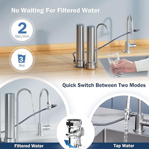 Frizzlife DS99 Countertop Water Filter System, NSF 42&372 Certified 8-Stage Stainless Steel Water Filter for Sink Faucet, 0.5 Micron Filter Reduces 99.99% Lead, Chlorine, Heavy Metals, Bad Taste&Odor