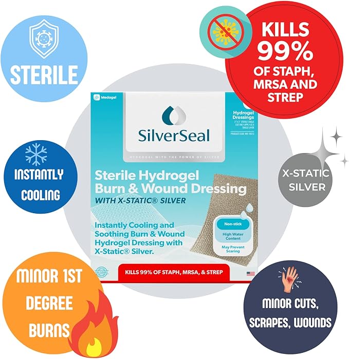 SilverSeal Burn and Wound Dressing, Hydrogel Pads with X-Static Silver, Soothing, Moist & Protective for Burns, Cuts & Wounds, 2" x 3" Sterile Dressings, 6 Count
