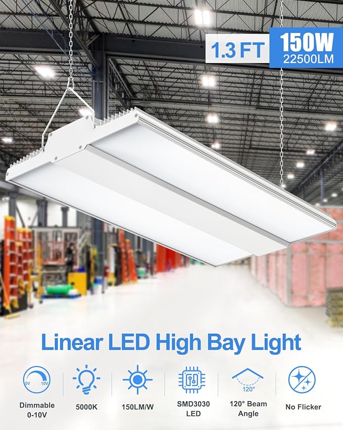 ADUB Linear High Bay LED Light 150W UL DLC Listed, 1.3 FT LED Warehouse Lights High Bay Shop Fixture Dimmable 0-10V, 22,500 LM, 5000K Commercial Hanging Bay Light for Workshop Garage Barn, 100-277V