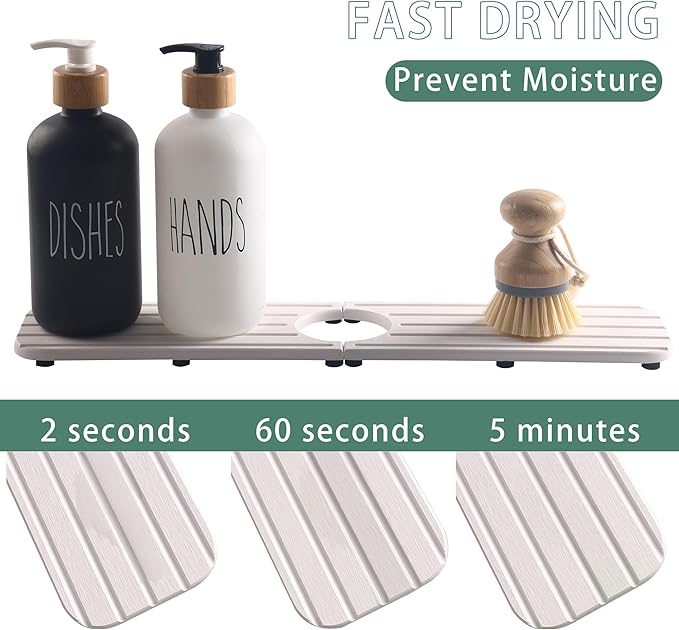 ZumenDa 17inch x 4inch Kitchen Sink Faucet Mat, Water Absorbing Stone Faucet Splash Guard for Bathroom Counter, Quick Drying Diatomite Tray for Kitchen Sink, White