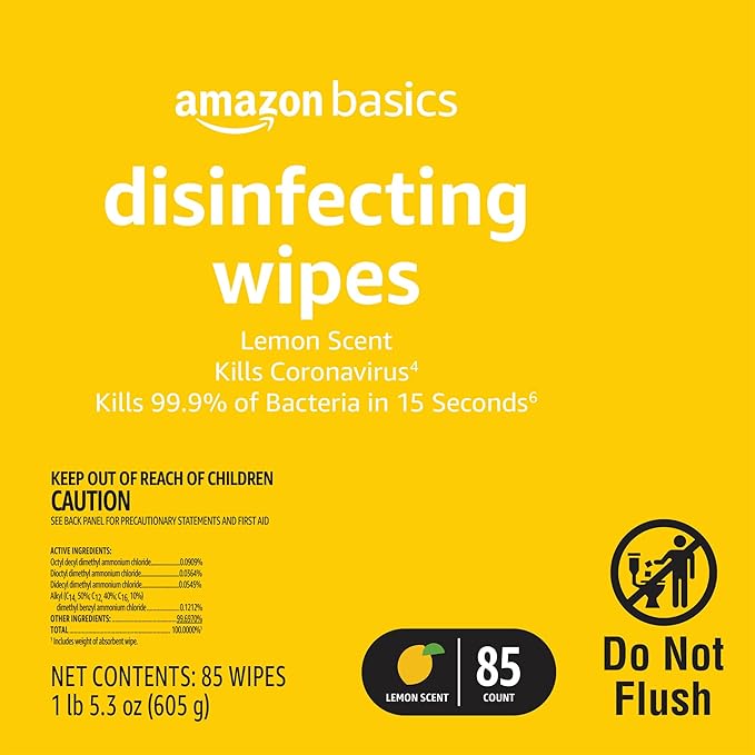 Amazon Basics Disinfecting Wipes, Lemon Scent, Sanitizes/Cleans/Disinfects/Deodorizes, 85 Count
