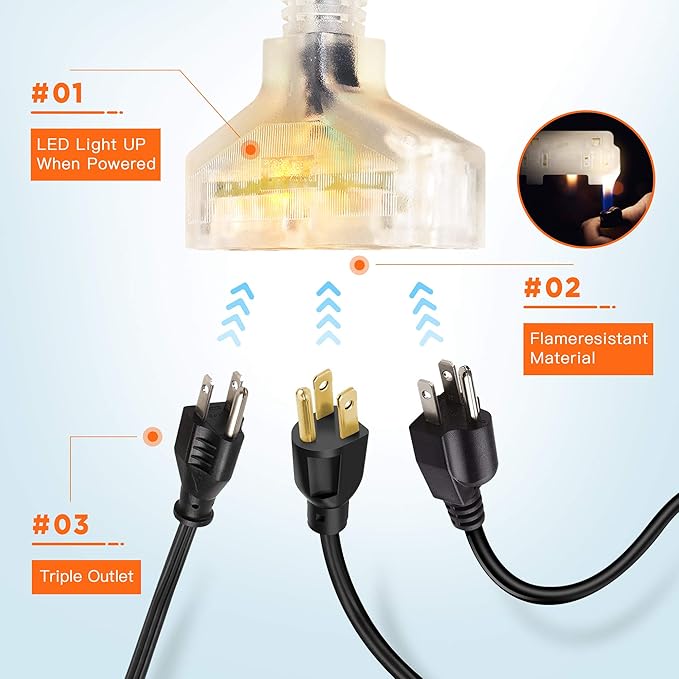 Giraffe Tools Retractable Power Cord Reel, 50ft 12AWG/3C SJT Heavy Duty Extension Cord Storage Reel Wall/Ceiling Mount for Garage with Lighted Triple Tap