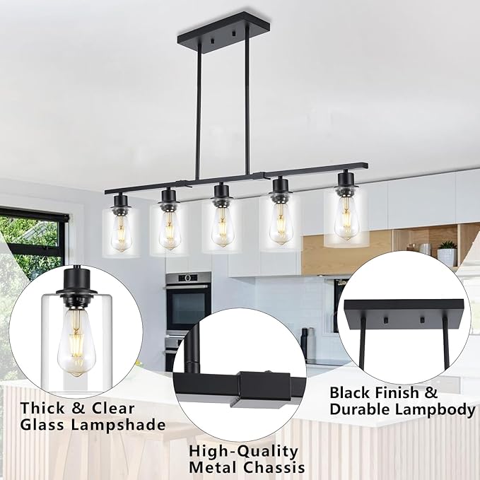 39.4" Kitchen Island Lighting, 5 Lights Clear Glass Pendant Light Fixtue, Black Linear Metal Chandelier for Dining&Living Room Foyer,Height Adjustable,E26 Socket