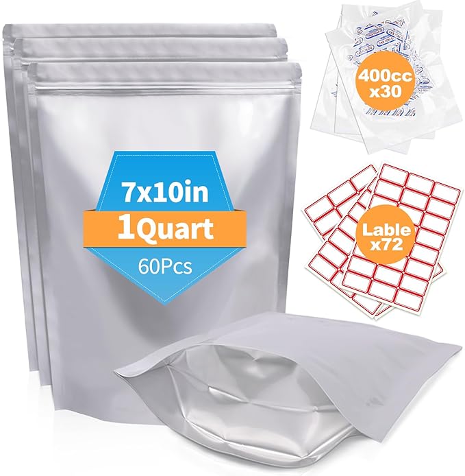 60PCS 1Quart 7"X10" Mylar Bags for Food Storage with Oxygen Absorbers&Lables,10 Mil Thick Resealable Stand-Up Zipper&Heat Sealable Bags for Long Term Food Storage,Dried Food
