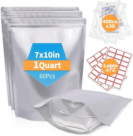 60PCS 1Quart 7"X10" Mylar Bags for Food Storage with Oxygen Absorbers&Lables,10 Mil Thick Resealable Stand-Up Zipper&Heat Sealable Bags for Long Term Food Storage,Dried Food