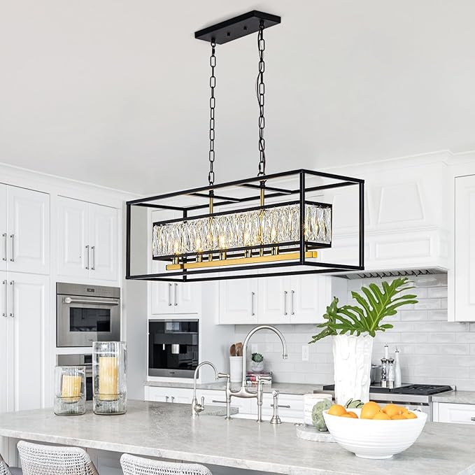 Crystal Chandeliers for Dining Room 6-Light Modern Black Gold Chandelier Rectangle Luxury Ceiling Light Fixture for Kitchen Island L35''