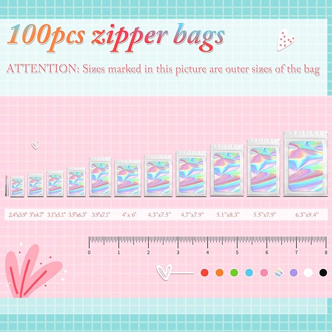 Funfery 100 pcs White Holographic Mylar Packaging Bags,Clear Sealing Resealable Smell Proof Bag Foil Pouch Zipper Bag for Food Storage,Gloss,Lash,Jewelry Packing for Small Business (6.3x9.4In)