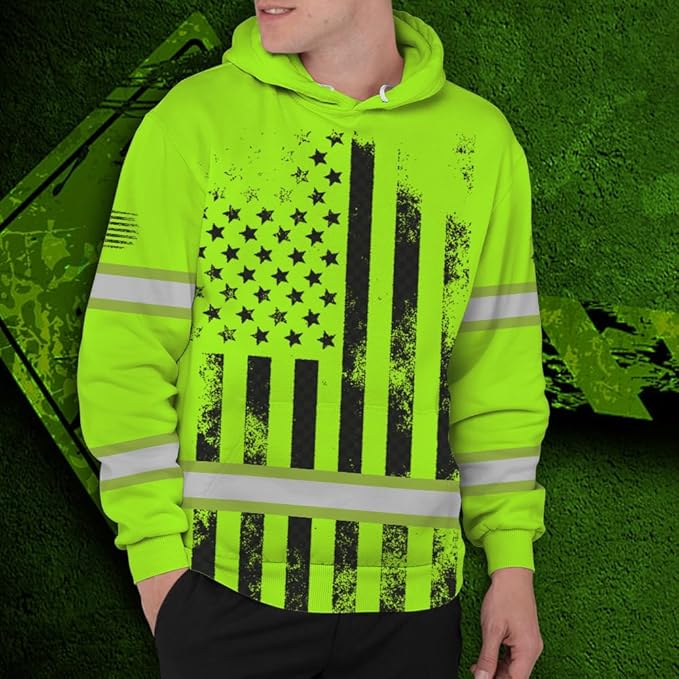 Color US Flag High Visibility Hoodie for Men Women Reflective Tapes Safety Workwear for Worker Runner Patriotic