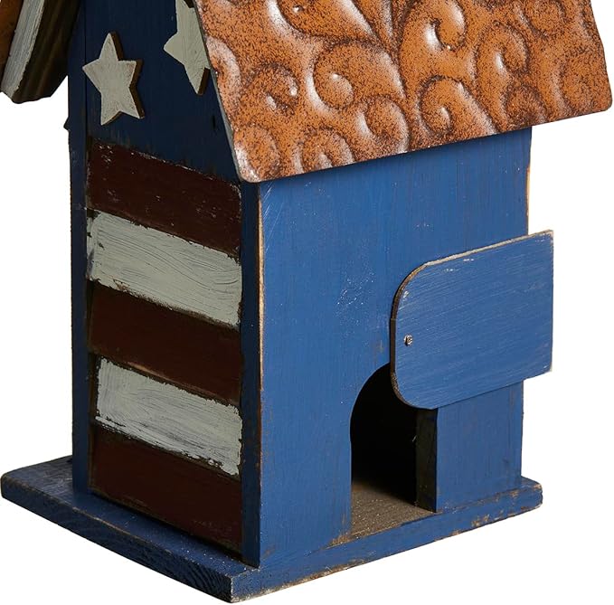Glitzhome 12.25" H Patriotic Distressed Birdhouse for Outdoors, Solid Wood Villa Decorative Pet Cottage Outdoor Hanging Birdhouse with 3D Star for Garden Patio Backyard