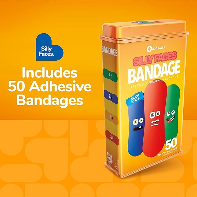BioSwiss Kids Bandages, Silly Faces Shaped Self Adhesive Bandage Set, Latex Free, Sterile Wound Care, 50 Count